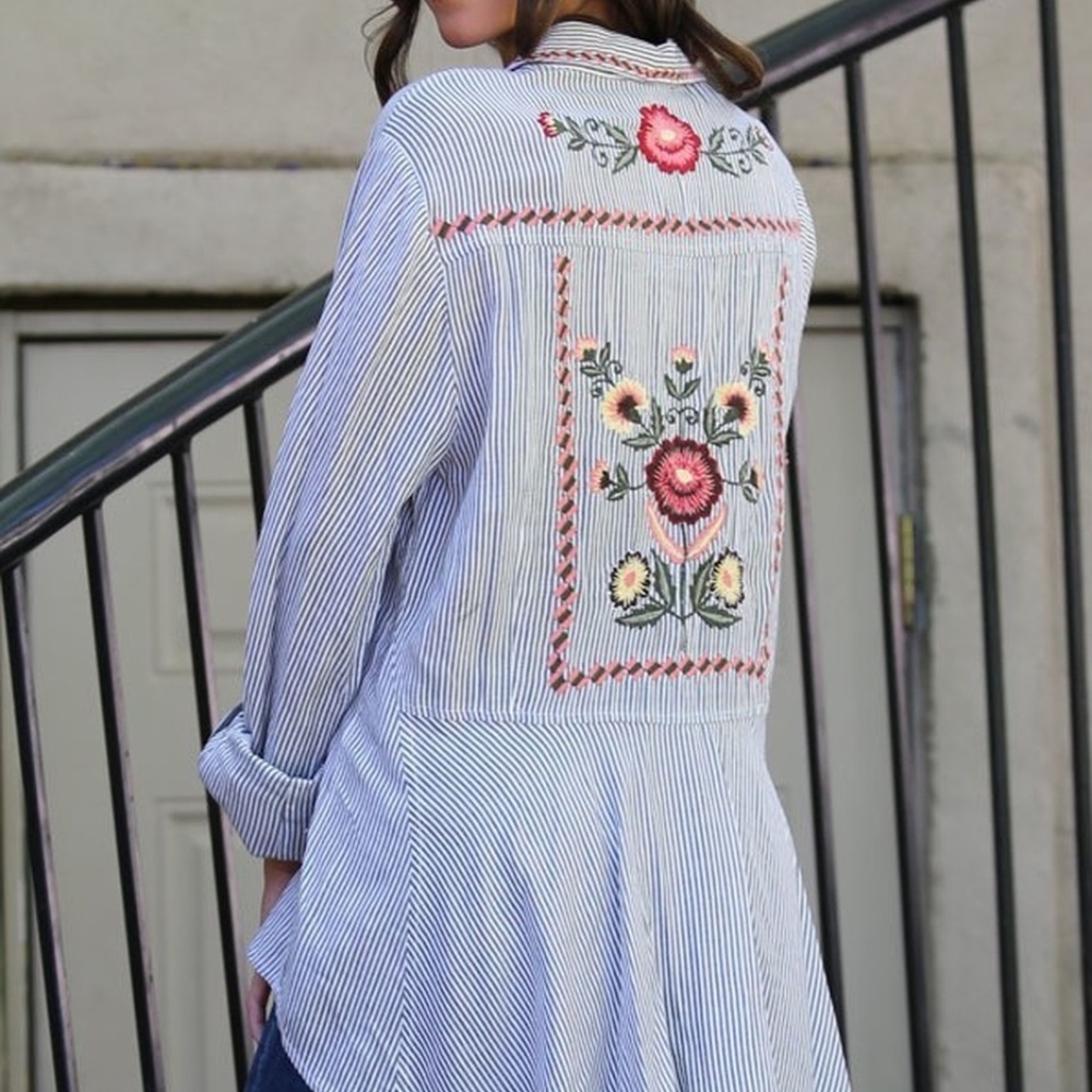 Nostalgia Striped Button Front Top with Embroidery